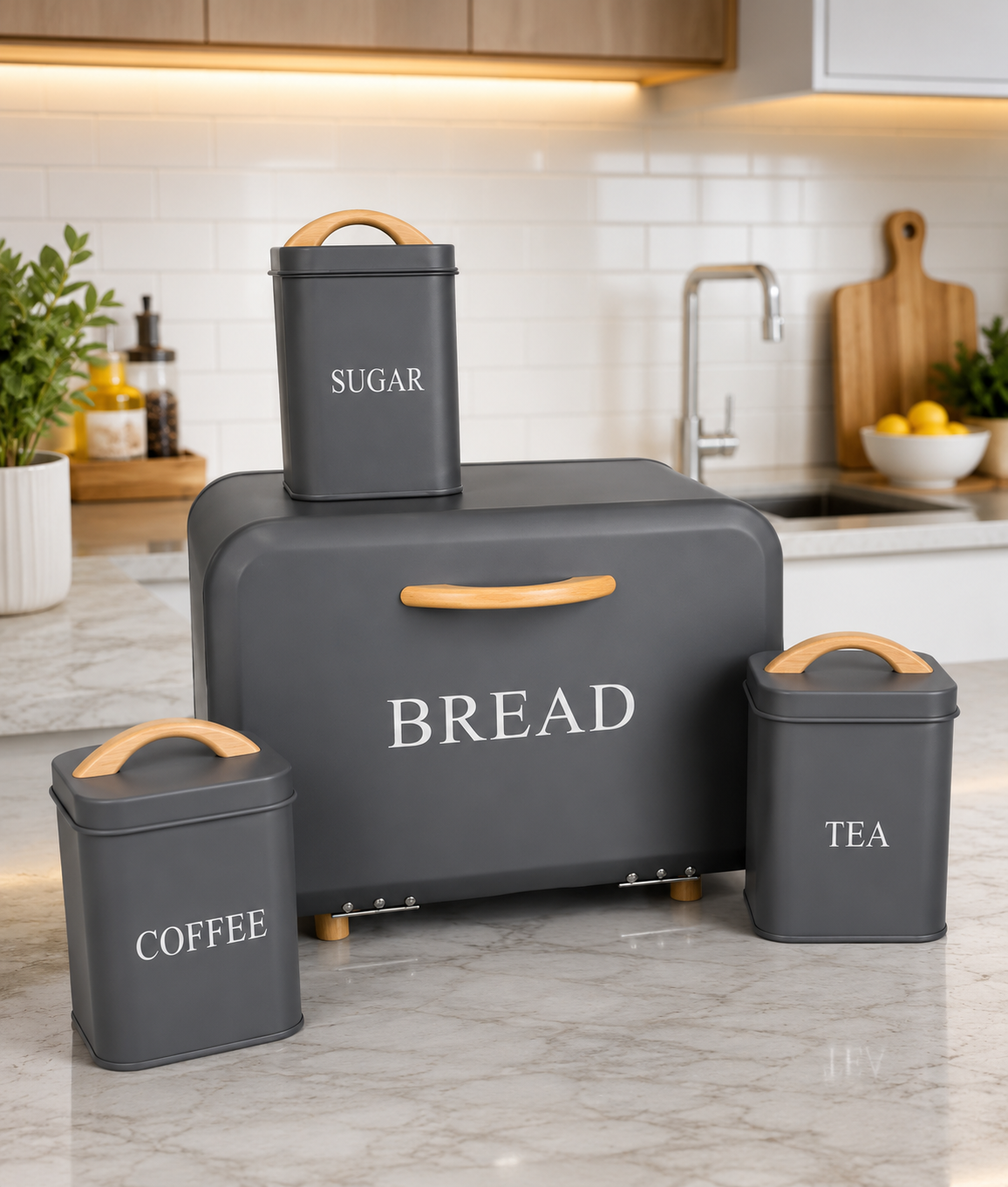 Set of 4 Nordic Bread Box & Canister Set, Modern Kitchen Bread Storage Set, Vintage Style Bread Storage Set, Home Essentials Bread Bin Set
