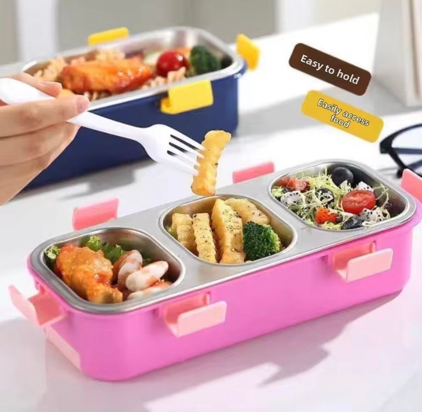 3 Compartments Rectangular Shape Lunch Box, Stainless Steel Kids Thermal Lunch Box, Vacuum Insulated Lunchbox With Spoon And Fork