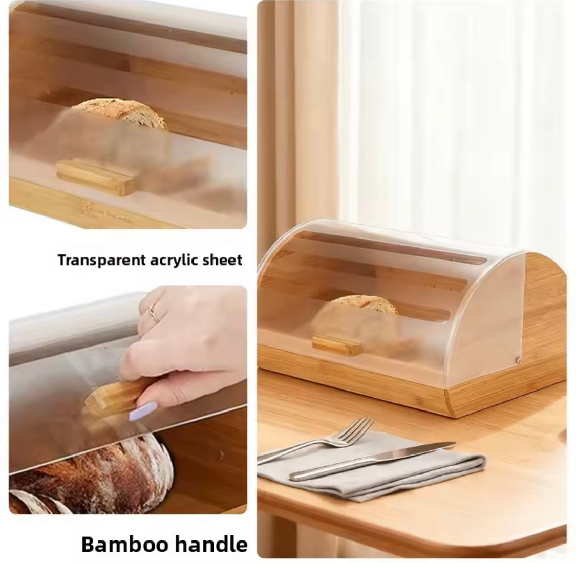 Bamboo Pastry Storage Box With Transparent Cover, Countertop Cookies Muffins Box, Bread Storage Organizer, Bamboos Bread Organizers Box With Clear Lid