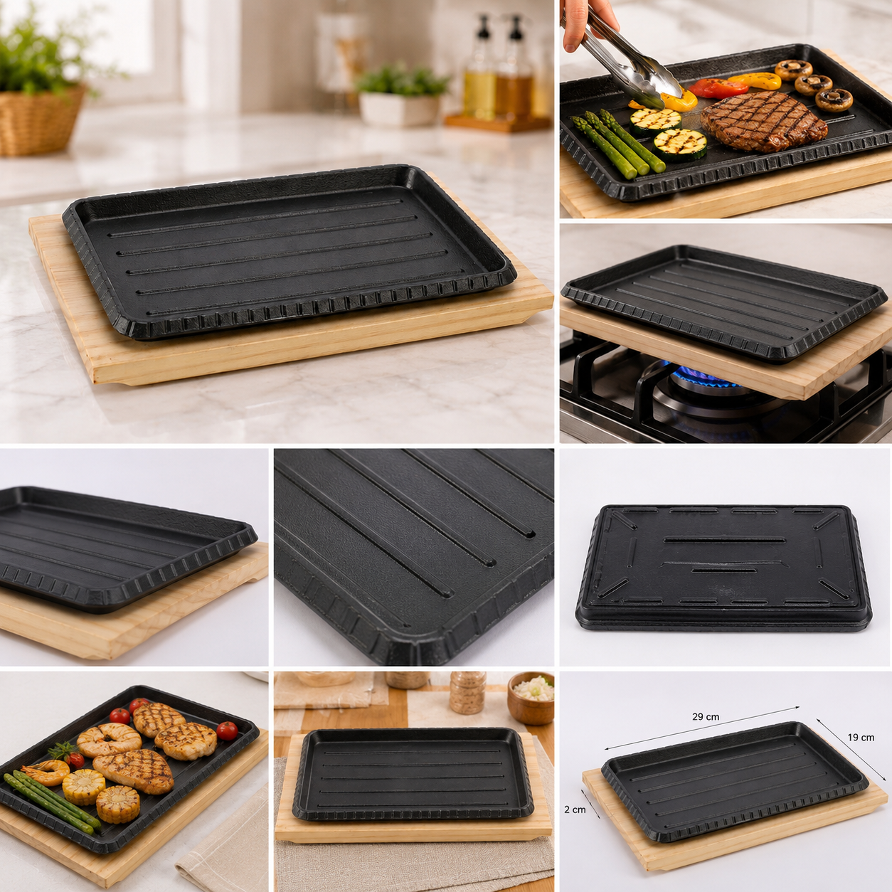 Wooden Base Sizzling Steak Platter, Wooden Base BBQ Grill Tray, BBQ Grill Plate with Heat Resistant Wooden Serving Base, Multi Purpose Grill Plate with Wooden Stand