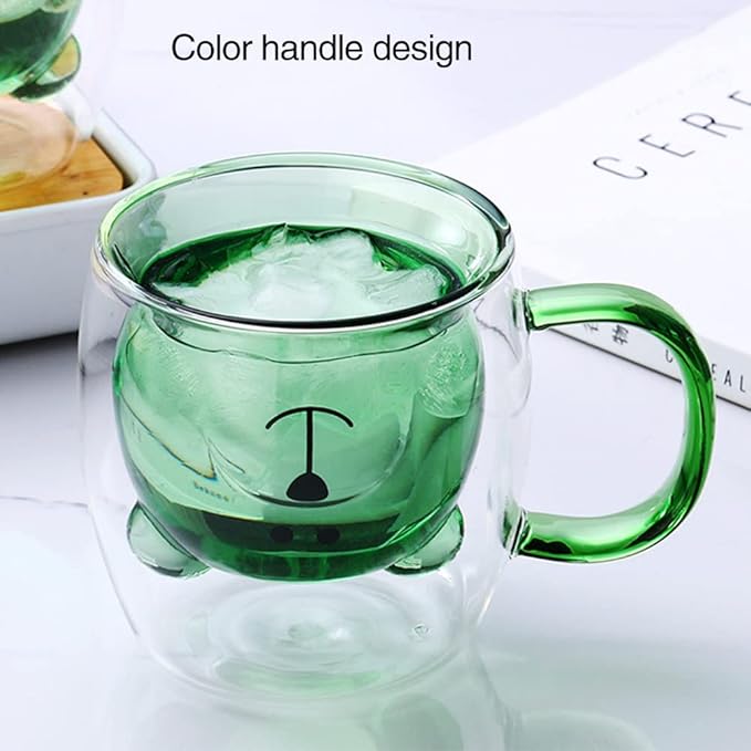 Adorable Bear Face Glass Coffee Mug, Double Wall Bear Buddy Glass Cup, Cute Bear Thermal Glass Mug