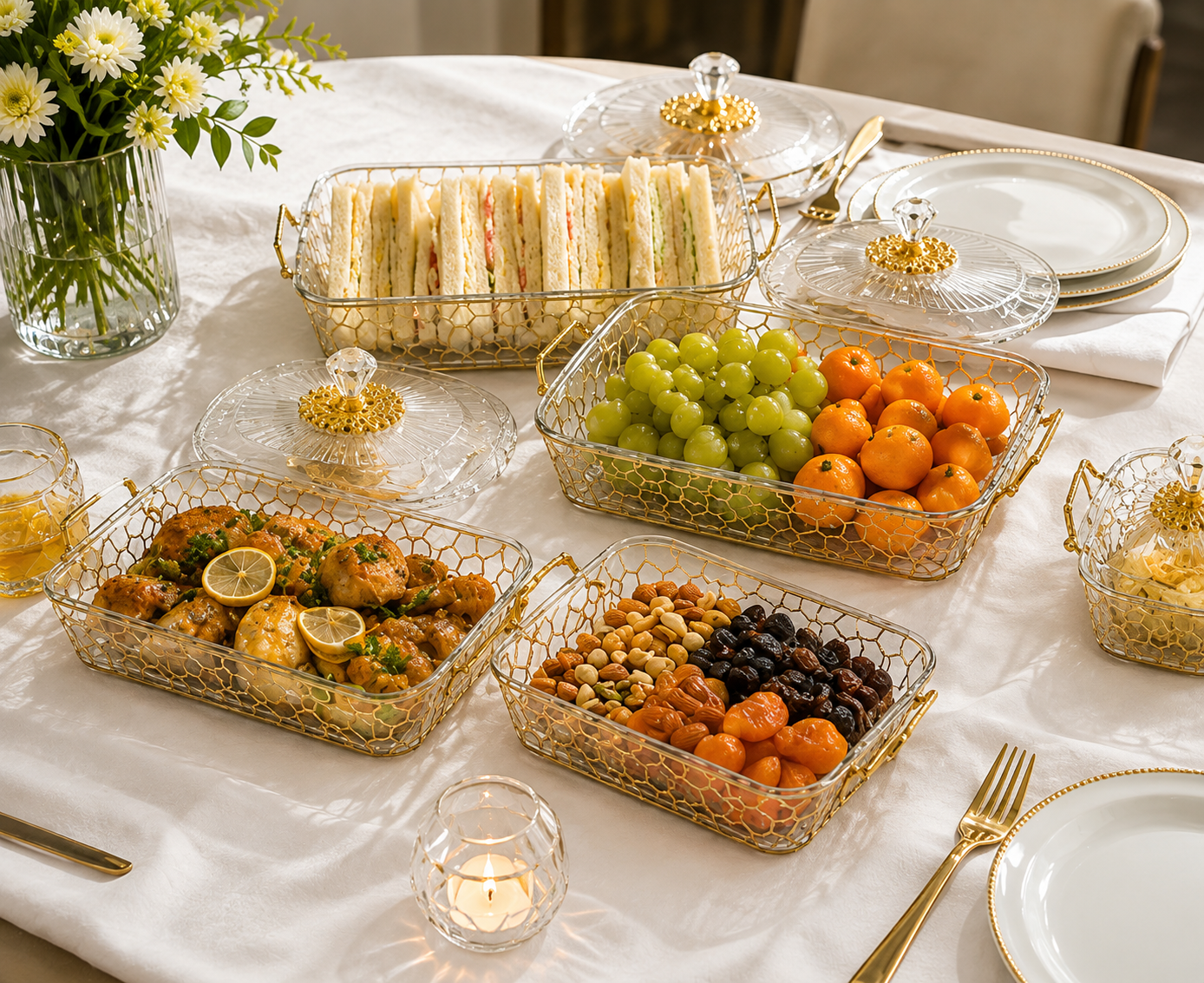3pcs Luxury Glass Serving Dish Set, Decorative Covered Glass Dish Set
