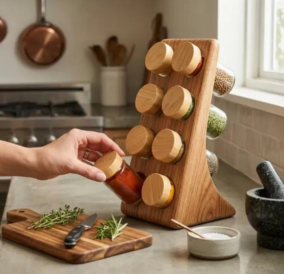 Hexagonal Bamboo Spice Rack With 8 Jars, Bamboo Spice Organizer, Wooden Masala Box with Glass Jars