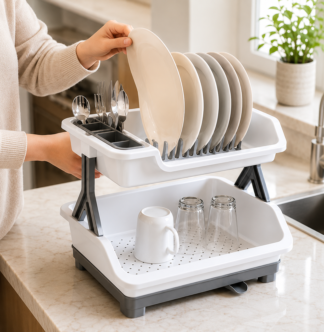 2 Tier Dish Drying Rack with Cutlery Holder, Utensils Dishes Drying Drainer, Kitchen Bowl Plate Tableware Rack, Dinnerware Organizer Basket
