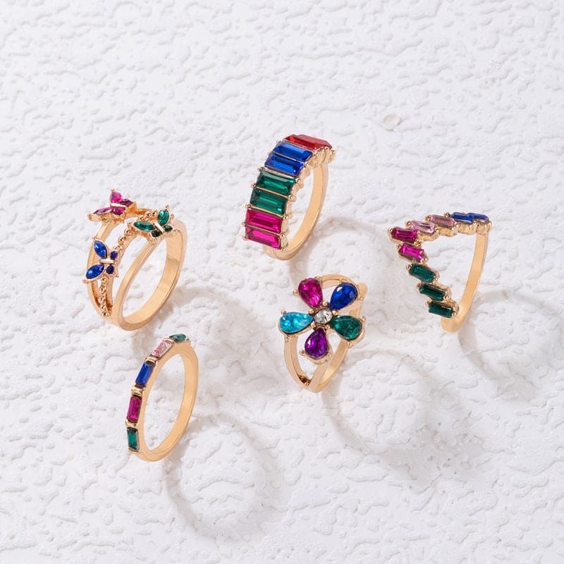 Set Of 5 Colorful Crystal Geometric Rings, Butterfly Flower Charm Finger Ring Jewellery, Crystal Stone Inlaid Brick Ring Set for Women, Multicolor Stone Butterfly Ring Set