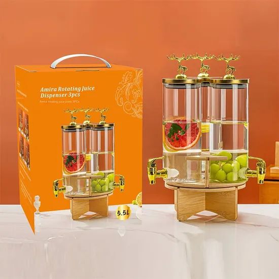 3 In 1 Rotating Glass Beverage Dispenser With Deer Lid, High Borosilicate Beverages Dispenser With 3 Tap, Glass Beverage Dispenser Set with Stand, Tabletop Beverage And Water Dispenser, Water Storage Glass Dispenser, Beverage Storage Jar