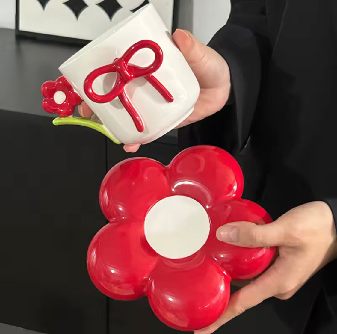 Creative Bow Ceramic Mug With Spoon, Three Simensional Flower Coffee Cup, Girls Office Breakfast Milk Cup