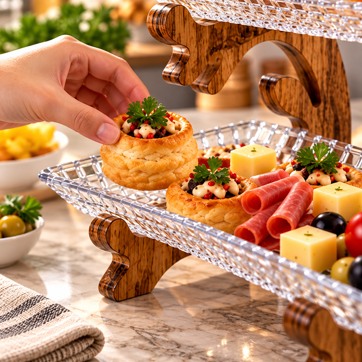 2 Tier Glass Serving Tray with Wooden Stand, Luxury Glass & Wooden Serving Stand, Premium Glass Dessert Display Stand