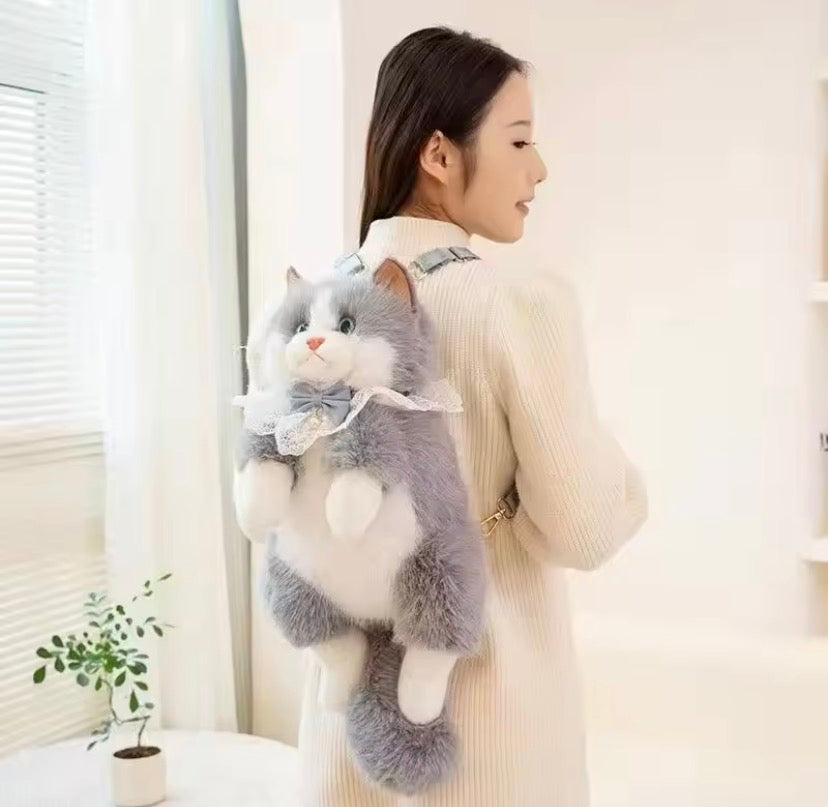 Cute Cat Plush Stuffed Backpack, Kawaii Cat Backpack Carrier, Fluffy Cat Doll Backpack, Adorable Cat Shoulder Backpack