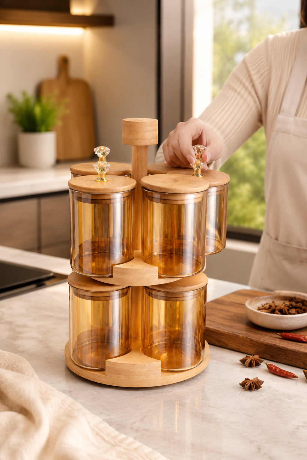 360° Rotating Spice Rack Set With Bamboo Stand, Airtight Revolving Masala Organizer With Wooden Lids, Kitchen Countertop Spice Holder