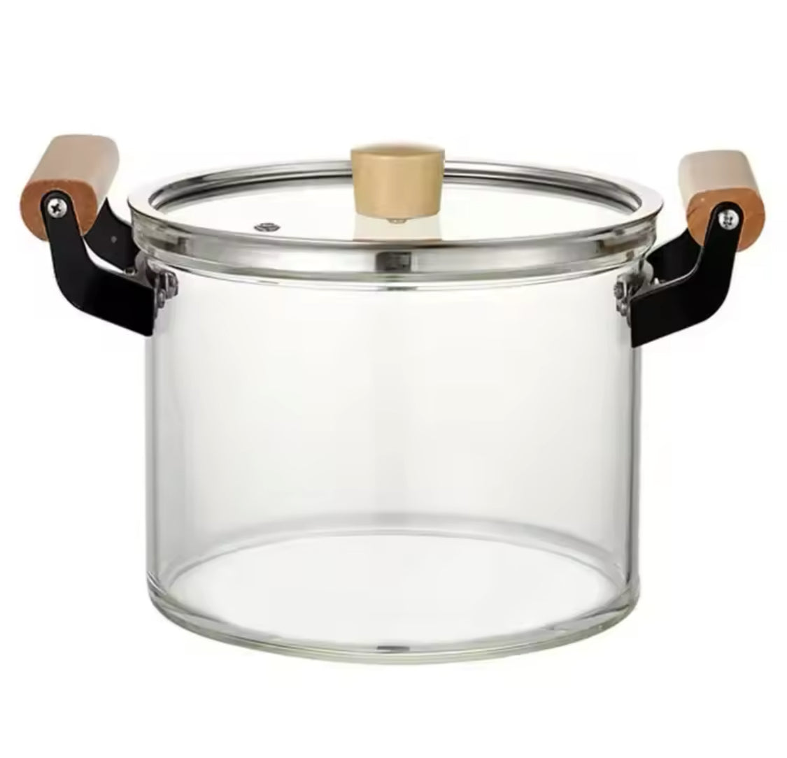 Transparent Cooking Pot With Wooden Handle, Heat Resistant Glass Pot, Kitchen Cookware Pot