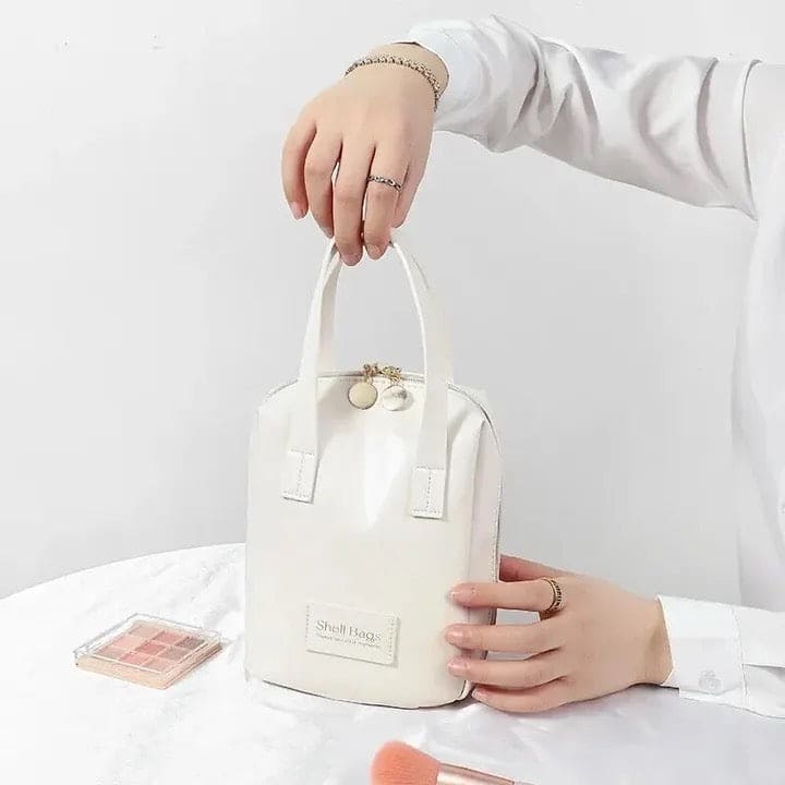 Shell Shape Cosmetic Bag, Large Capacity Handheld Cosmetic Bag, Multiple Compartments PU Travel Pouch, Waterproof Wash Kit Handbag, Fashionable Makeup Organizer with Handle, Stylish Double Zipper Travel Bag