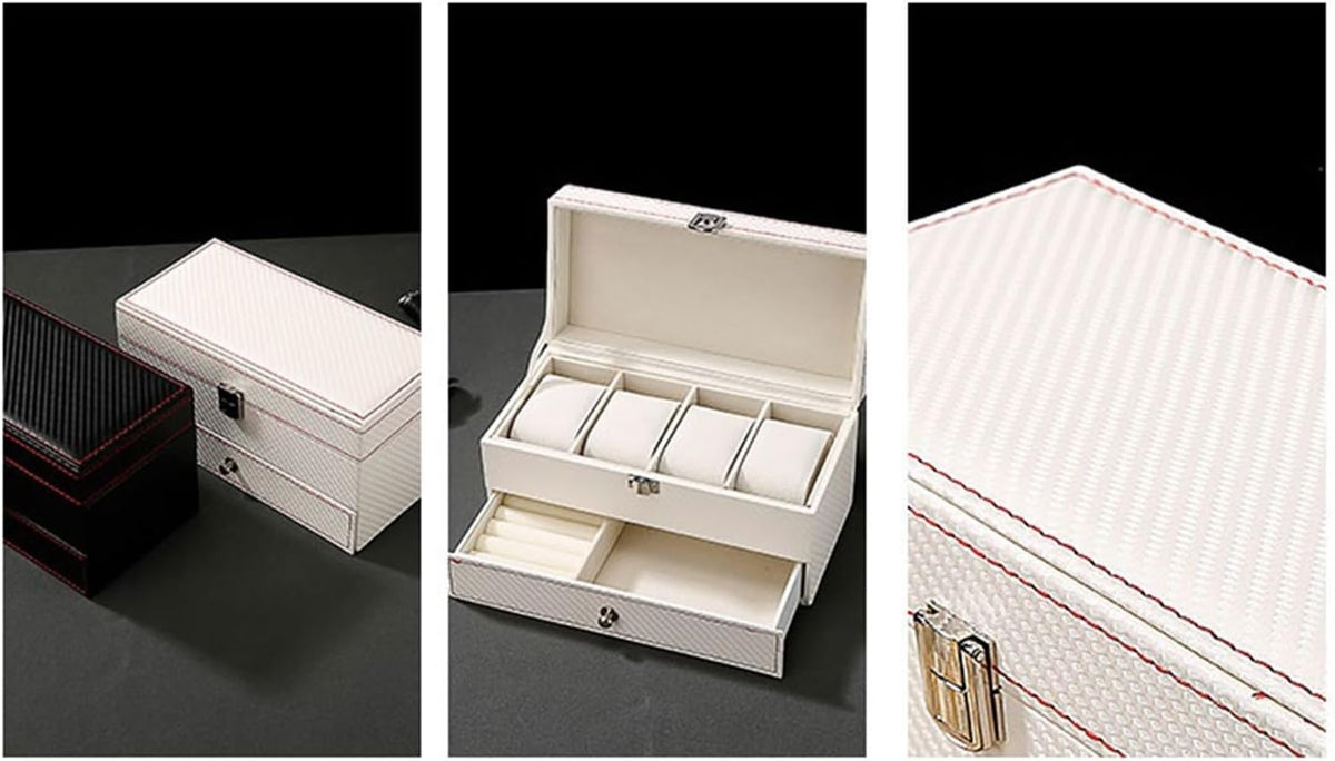 2 Tier Watch and Jewelry Storage Box, Luxury Watch Case with Jewelry Drawer, Jewelry Box with Watch Holders, Multi Compartment Watch and Accessories Organizer