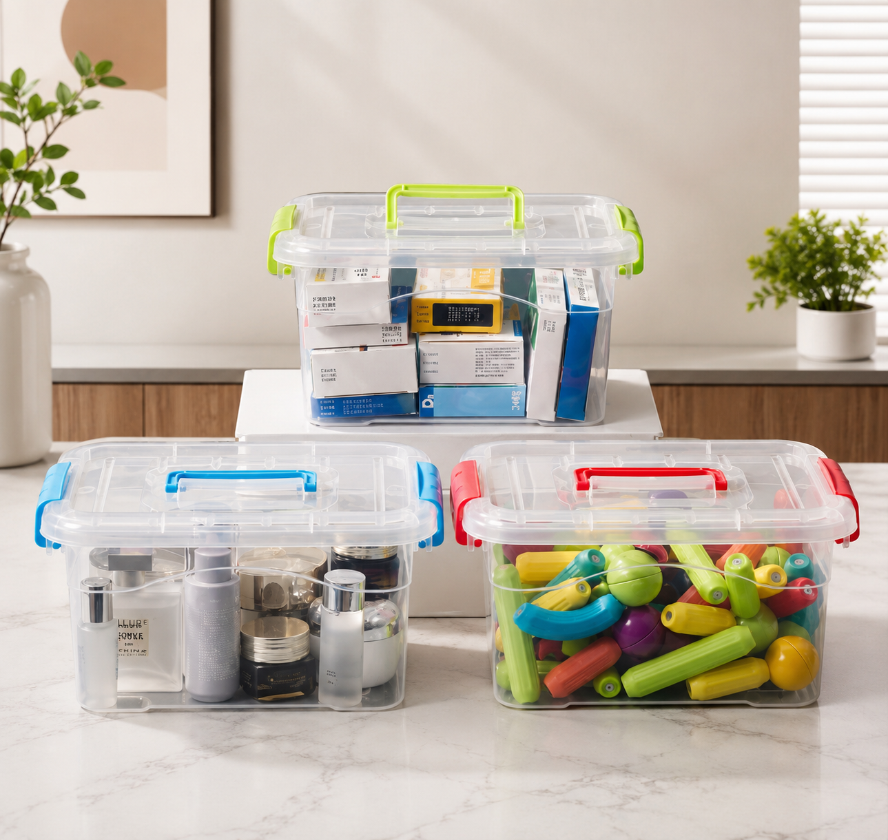 Stackable Storage Box with Handle, Medicine And Cosmetics Storage Organizer, Portable Locking Storage Container, SpaceSaver Storage Container