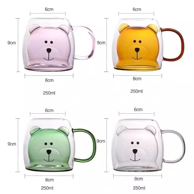 Adorable Bear Face Glass Coffee Mug, Double Wall Bear Buddy Glass Cup, Cute Bear Thermal Glass Mug