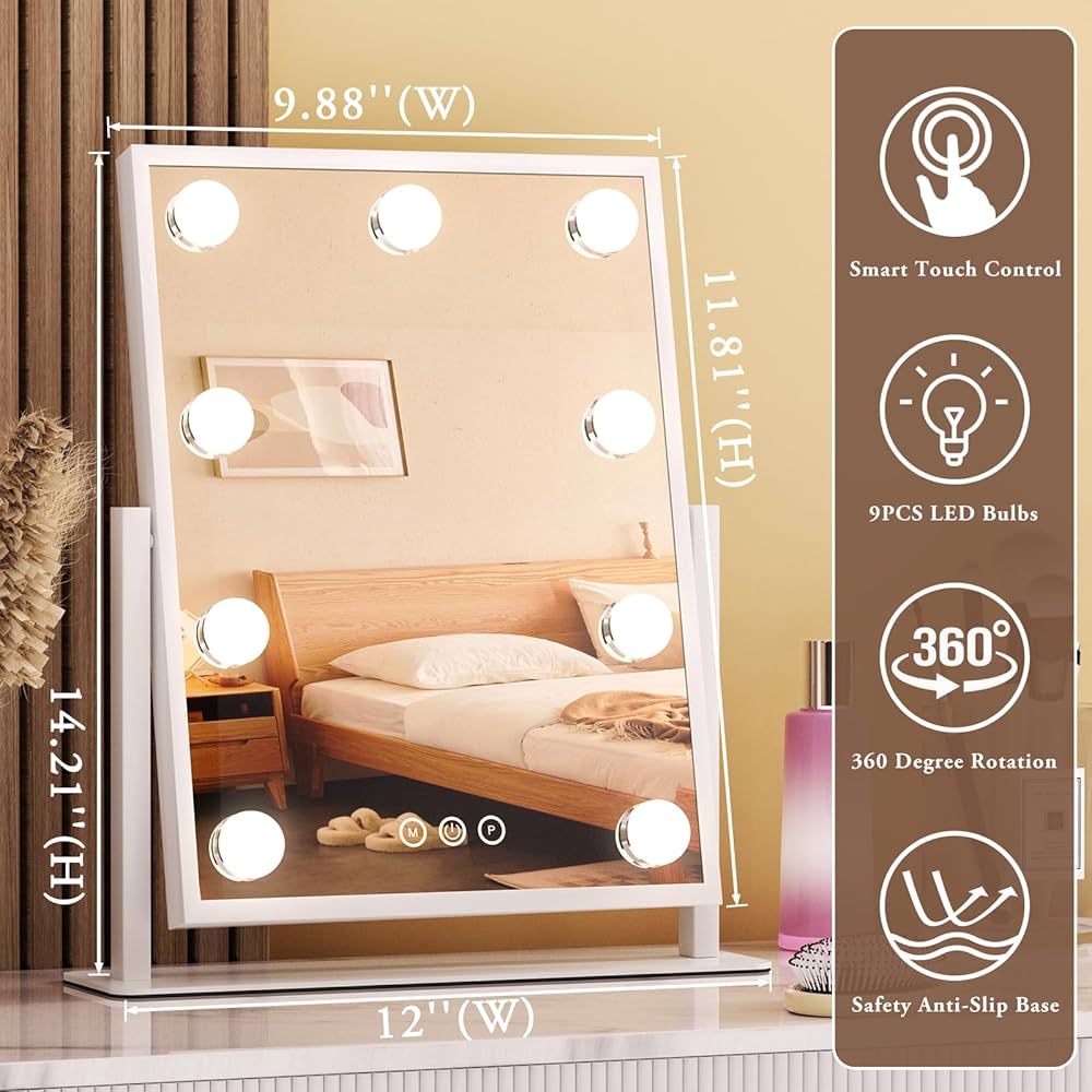 Smart Touch Vanity Mirror with Lights, Vanity Makeup Mirror with 3 Dimmable LED Bulbs, Rotatable Dressing Tabletop Mirror
