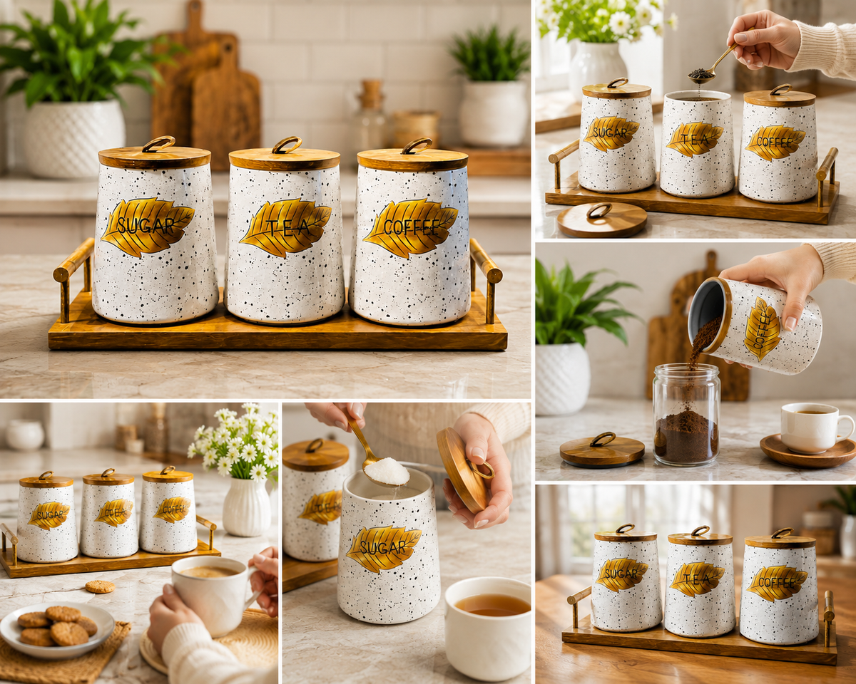 3pcs Ceramic Storage Jar Set with Wooden Lids, Speckled Ceramic Canister Set With Wooden Tray, Decorative Ceramic Kitchen Storage Jar Set