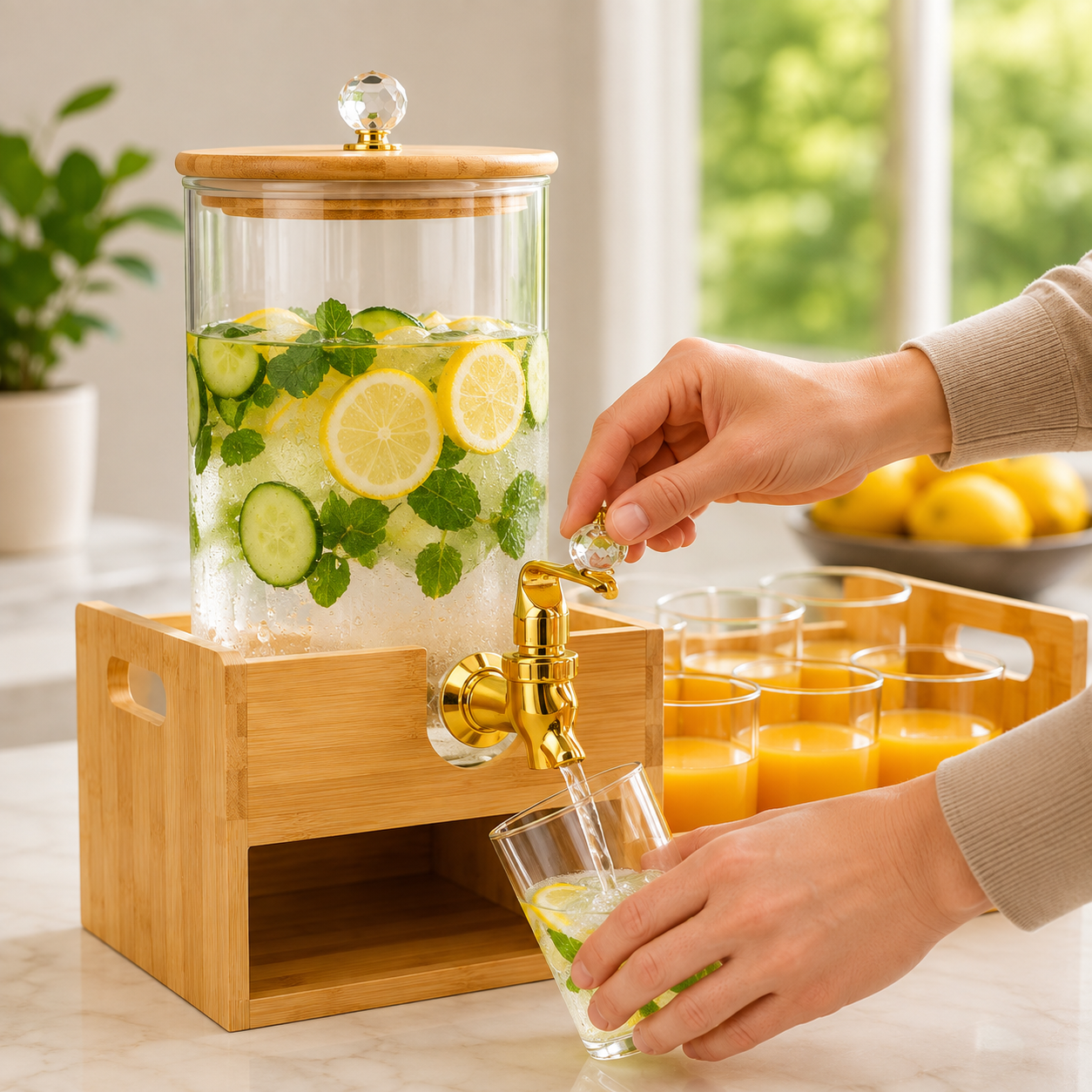 Tabletop Glass Beverage Dispenser with 6 Glass Cups, 2.2 Litres Glass Beverage Dispenser with Bamboo Stand, Bamboo Beverage Dispenser Station with Glasses