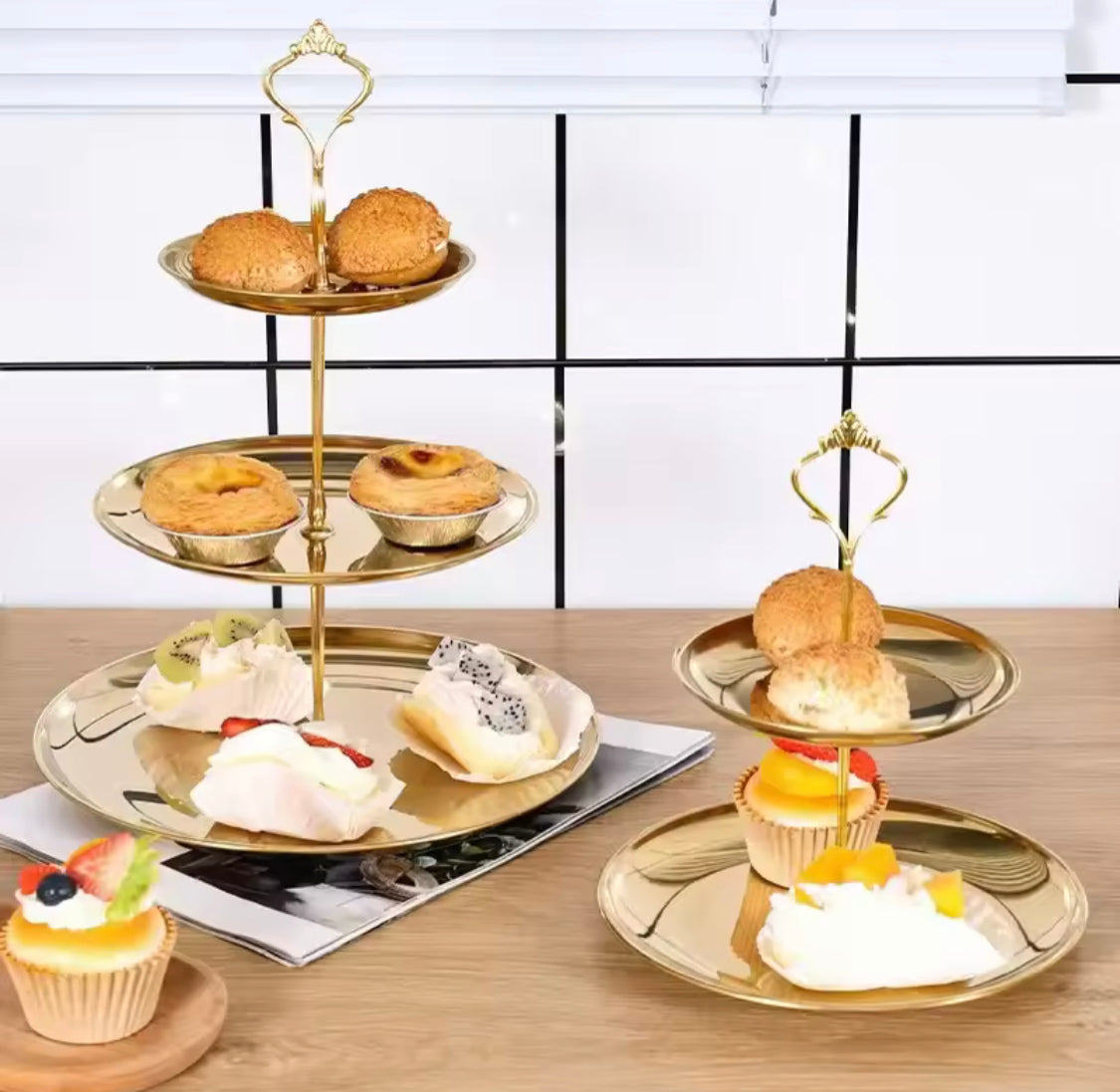Three Layer Stainless Steel Cake Display Stand, Luxury Gold Dessert Display Stand, Multi Layer Serving Tray, Serving Platter Stand, Elegant Gold Cake Stand with 3 Decorative Serving Trays