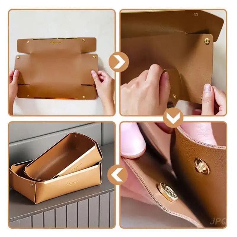 Folding Jewellery Tray, Sundries Storage Tray, Collapsible Faux Leather Large Capacity Sundries Organizer Box, Nordic Style Leather Organizer, Rectangle Desktop Organizer Box, Multipurpose Catchall Tray for Key Jewelry, Desk Dresser Top Organizer