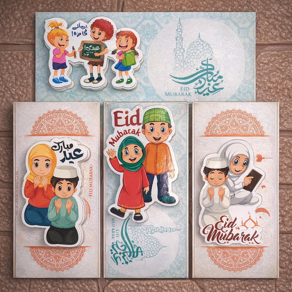 Pack Of 10 Cartoon Sticker Eidi Envelopes, New Cartoon Eidi Envelopes, Eidi Envelopes For Kids