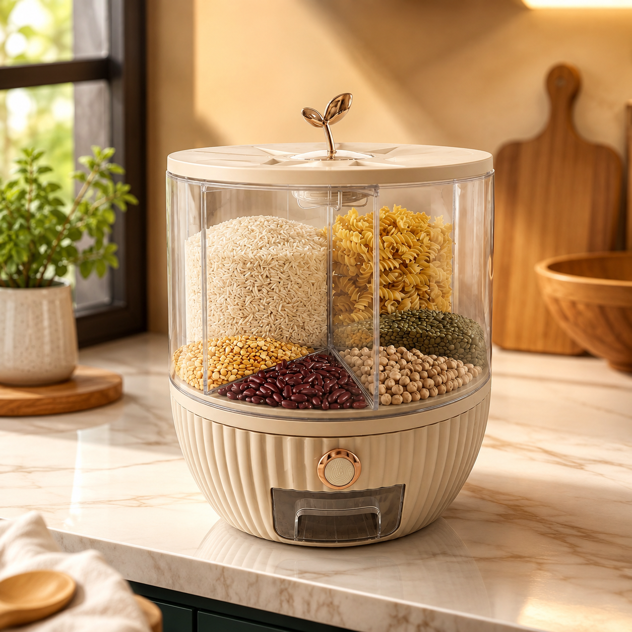 6 Grid Rotating Grain And Rice Dispenser, 360° Rotating Grain Storage Dispenser, Multi Compartment Food Dispenser, Large Capacity Kitchen Grain Dispenser