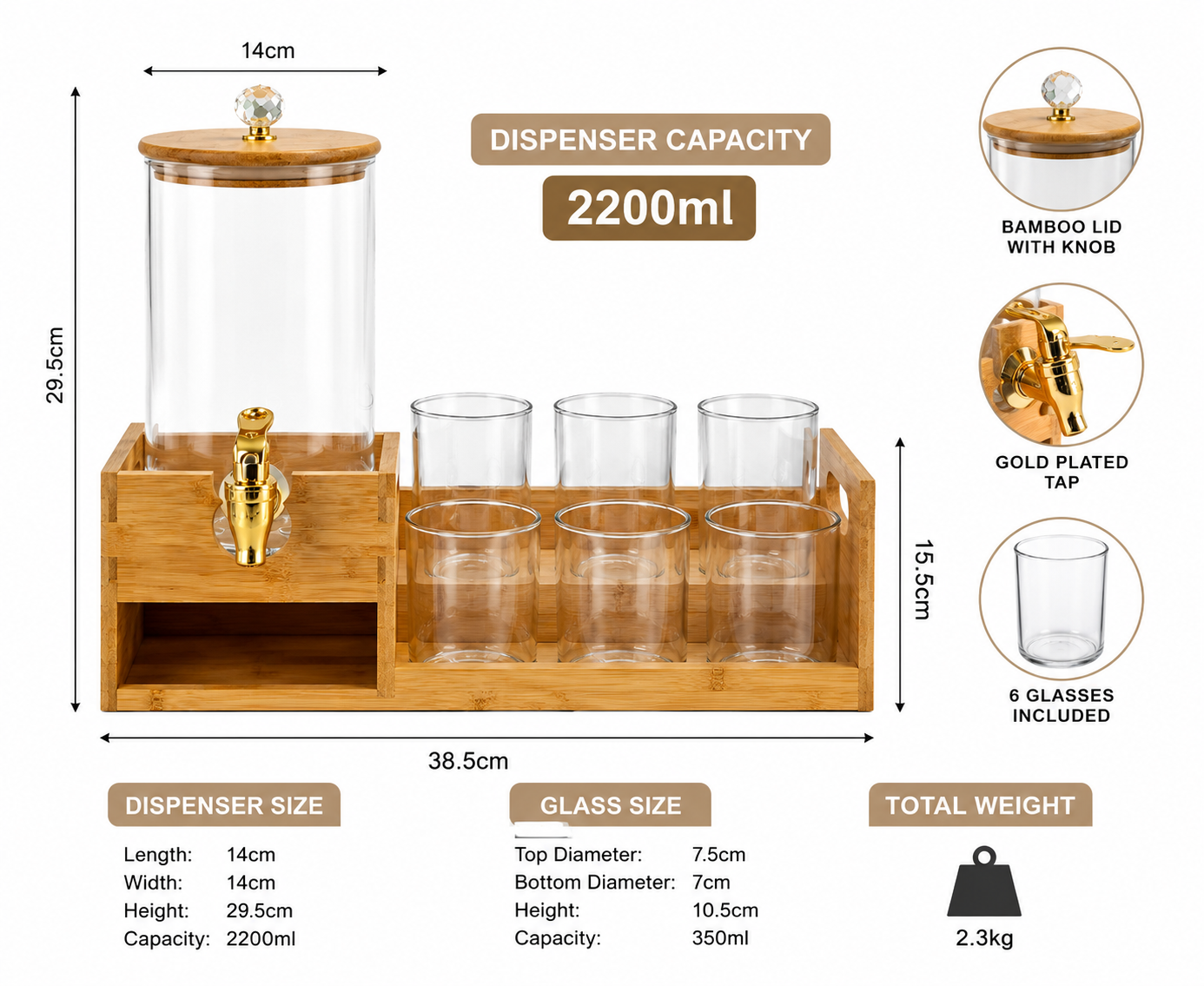 Tabletop Glass Beverage Dispenser with 6 Glass Cups, 2.2 Litres Glass Beverage Dispenser with Bamboo Stand, Bamboo Beverage Dispenser Station with Glasses