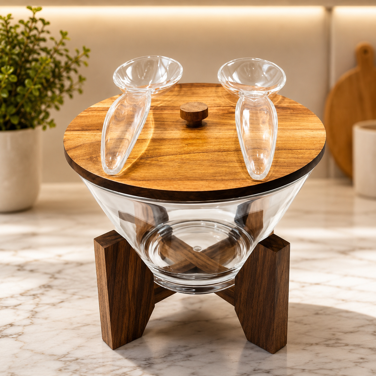 Wooden Stand Glass Snack Bowl, Luxury Glass Nut And Snack Dispenser, Dry Fruit Storage Bowl