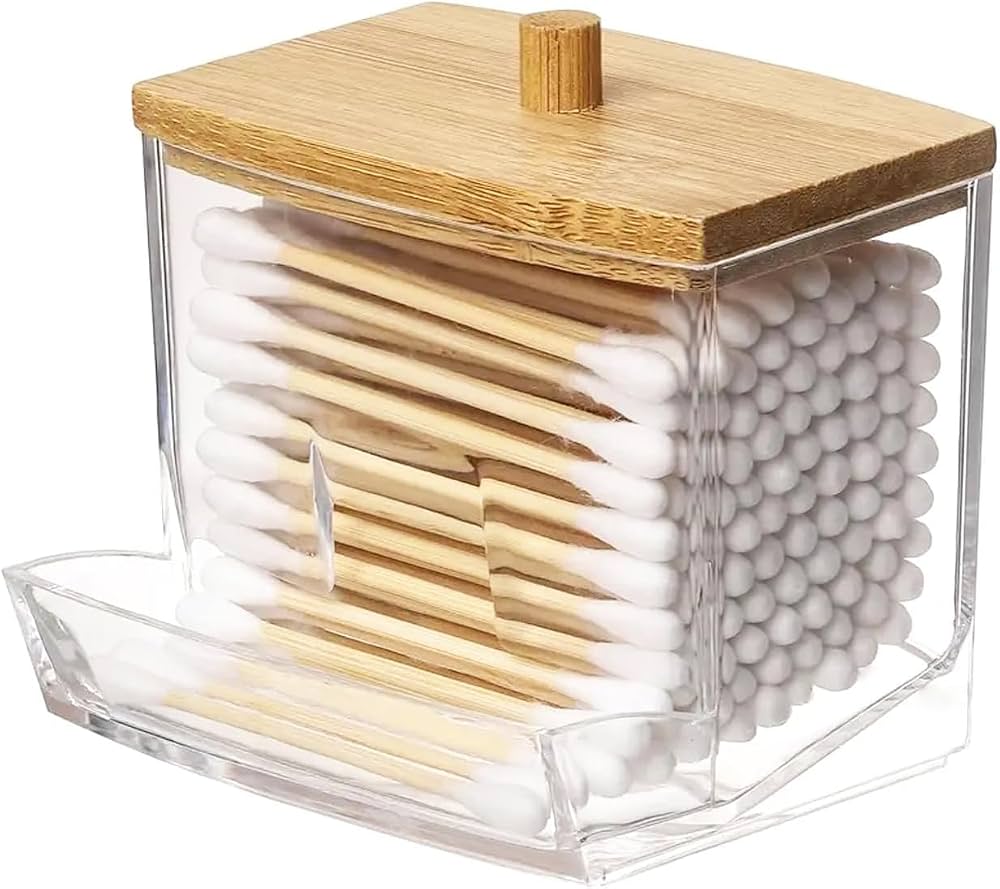 Acrylic Cotton Swab Holder with Bamboo Lid, Transparent Cotton Swab Dispenser, Decorative Cotton Bud Storage Container