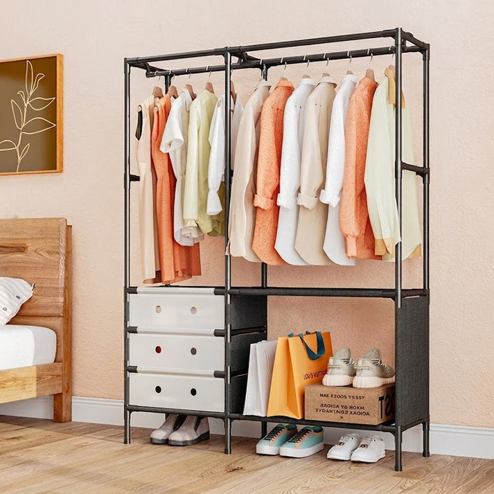 Dual Row Metal Multifunctional Clothes Rack, Homlly Entryway Coat Rack with Shoes Organizer, Bedroom Living Room Hanger, Living Room Clothes Storage Rack