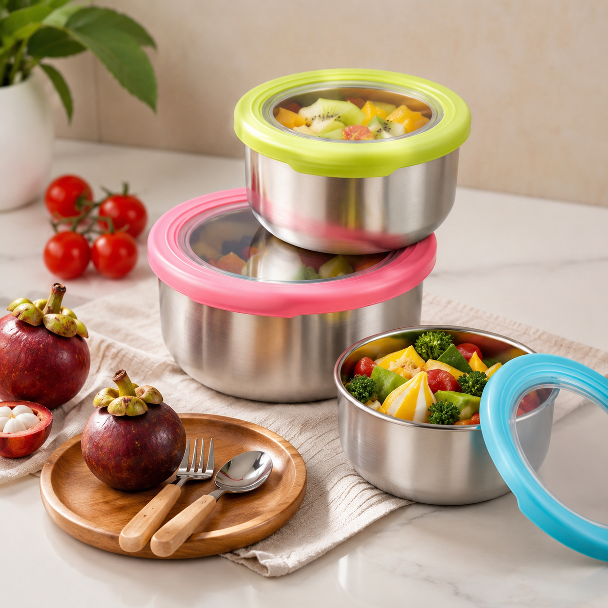 Set Of 3 Bento Bowl, Stainless Steel Round Food Container, Portable Leakproof Lunch Box, Food Silicone Bento Lunch Box For Kids, Instant Noodle Bowl Food Container, Collapsible Food Container with Lid, Stainless Steel Non Slip Crisper