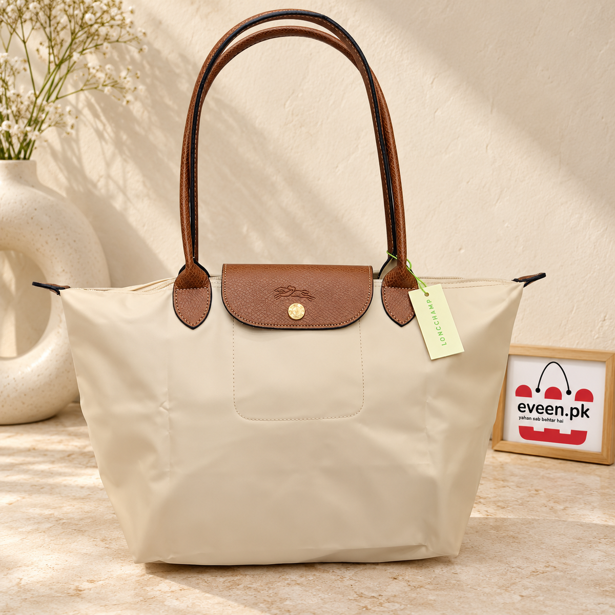 Nylon Tote Bag with Leather Handles, Everyday Shoulder Tote Bag, Large Capacity Tote Bag, Women’s Lightweight Travel Tote Bag
