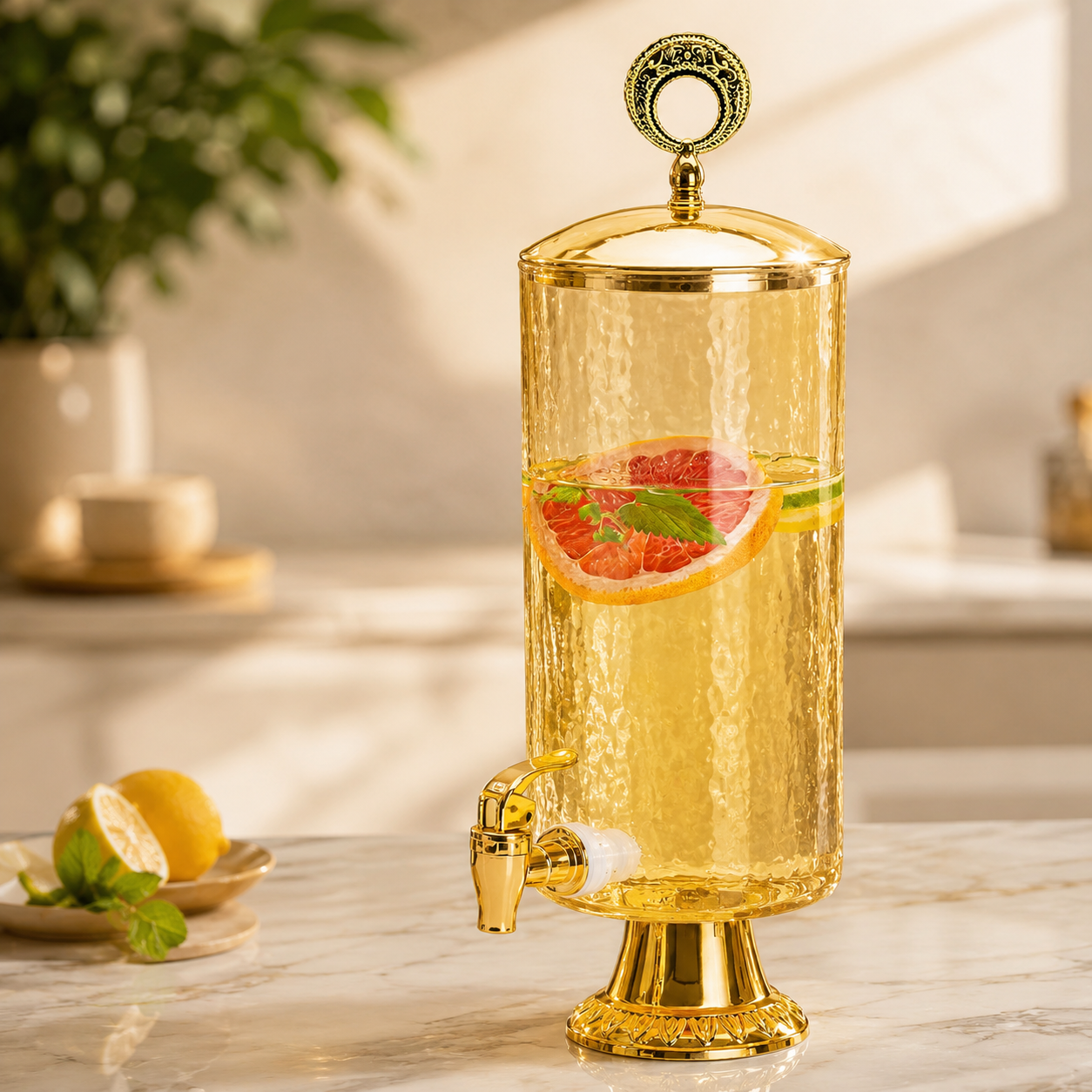 Vintage Style Glass Juice Dispenser, Crystal Glass Beverage Dispenser With Gold Faucet, Premium Glass Beverage Server