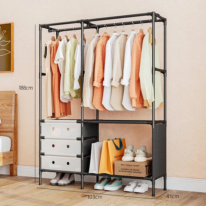 Dual Row Metal Multifunctional Clothes Rack, Homlly Entryway Coat Rack with Shoes Organizer, Bedroom Living Room Hanger, Living Room Clothes Storage Rack