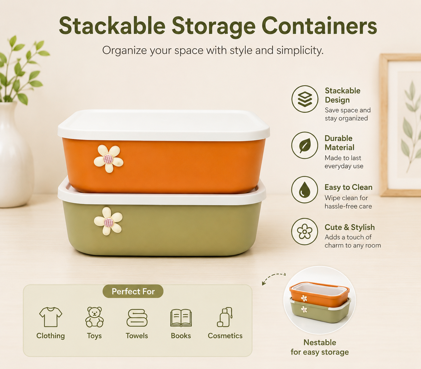 Floral Stack Storage Box,
Multipurpose Storage Organizer, Stack And Store Storage Container
