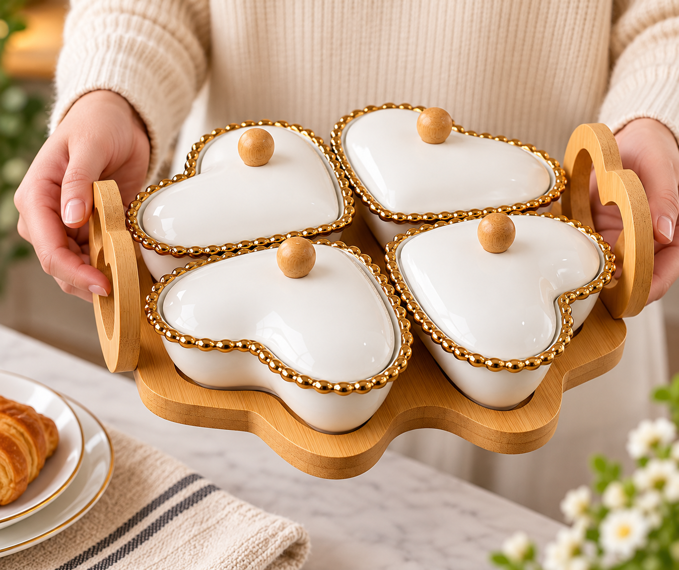 Heart Shaped Ceramic Serving Bowl Set, Elegant Gold-Trim Heart Bowl Set, Bamboo Heart Serving Tray with Ceramic Bowls