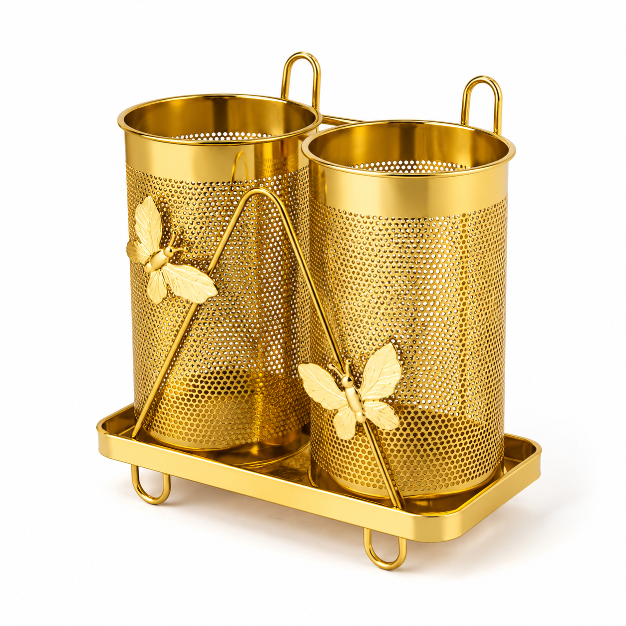 Dual Cup Cutlery Organizer Stand, Kitchen Utensil Organizer, Elegant Golden Kitchen Utensil Organizer, Decorative Golden Cutlery Storage Stand