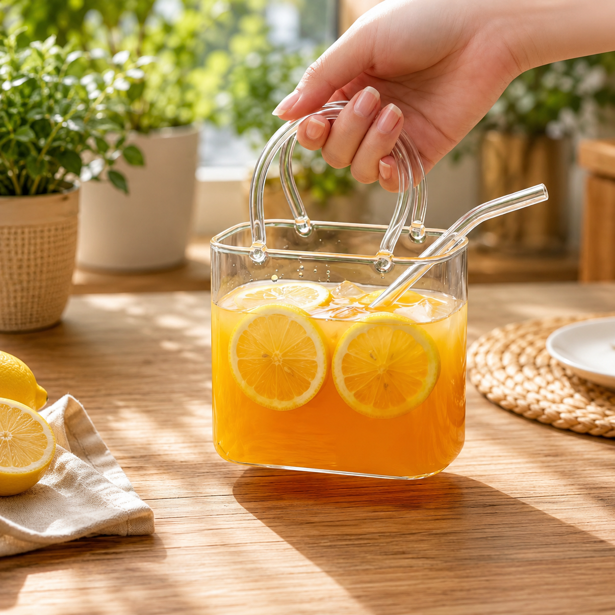 Portable Glass Sipper Bag With Straw, Aesthetic Glass Sipper Mug With Handle, Modern Glass Handbag Cup, Glass Purse Sipper With Straw