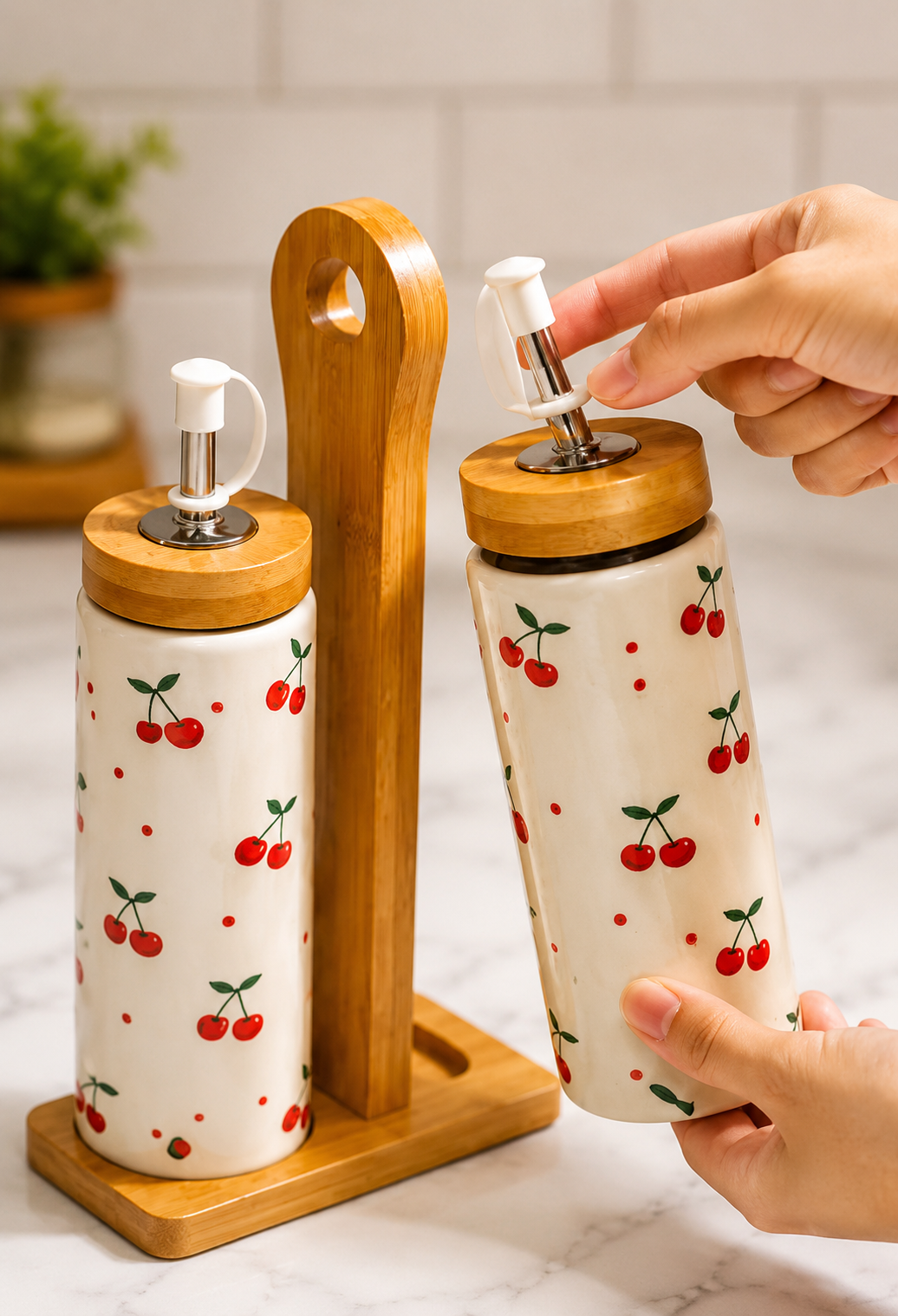 2pcs Ceramic Oil And Vinegar Dispenser Set, Cherry Print Ceramic Oil Dispenser with Bamboo Stand, Oil Vinegar Cruet Set Bamboo Holder