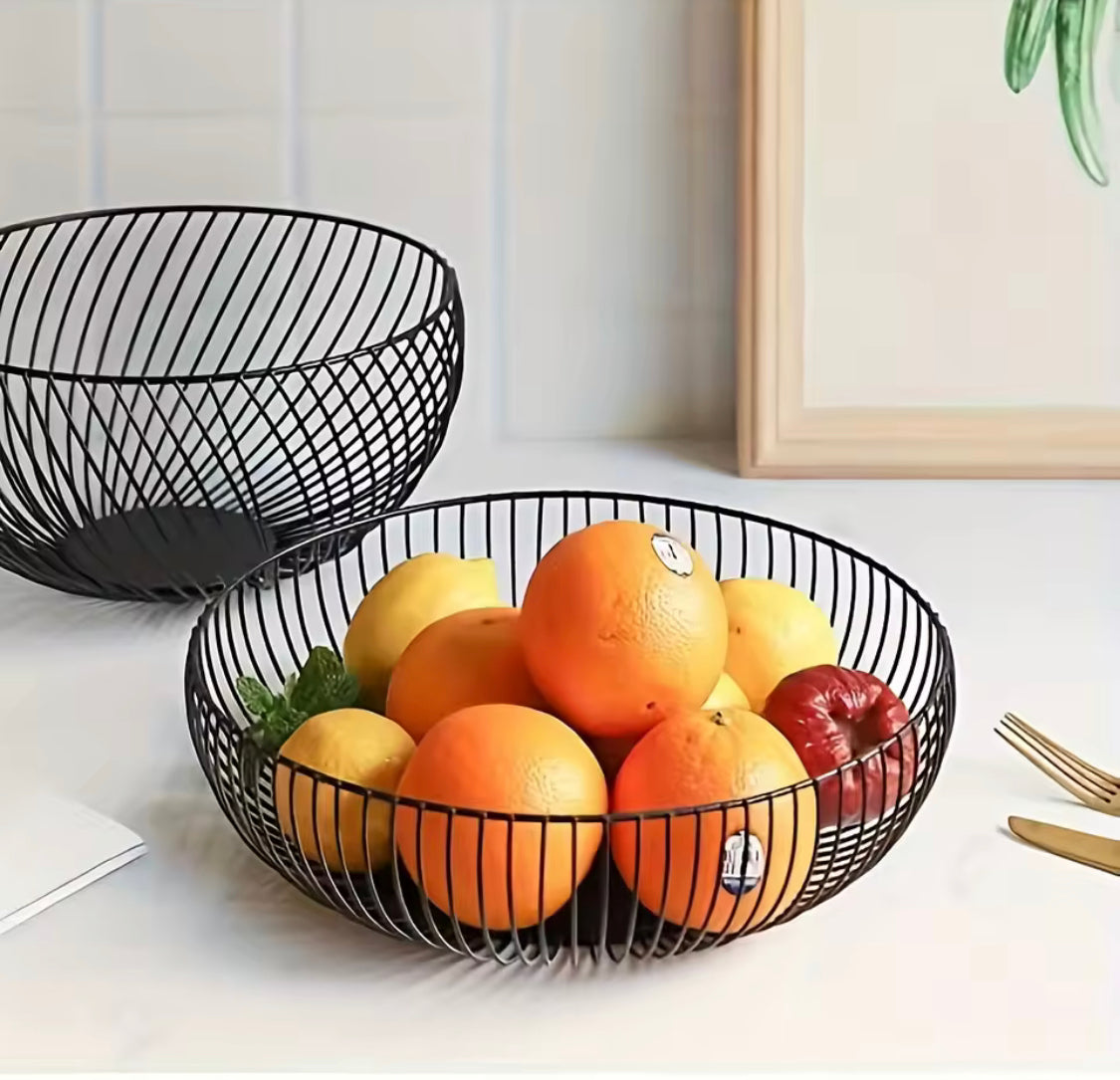 Metal Fruit Basket With Wooden Base, Multipurpose Tabletop Fruit Holder, Countertop Fruit Basket Bowl