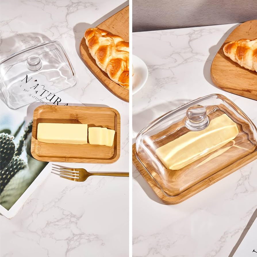 Glass Butter Storage Container with Bamboo Base, Butter Keeper with Transparent Lid, Elegant Butter Storage Container