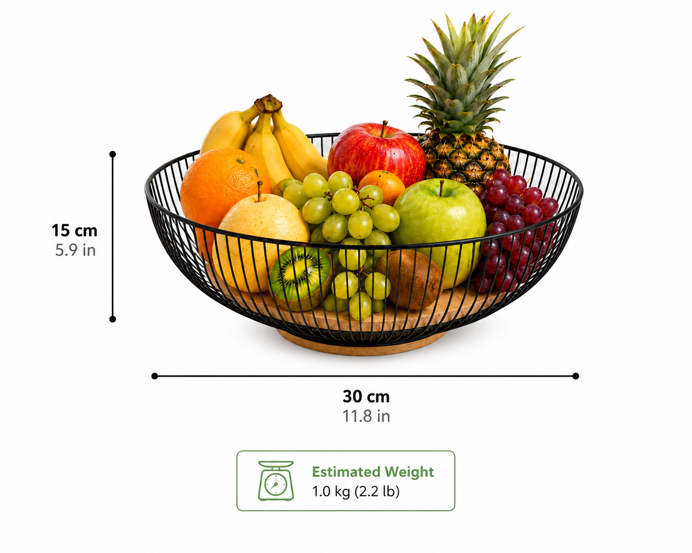 Metal Fruit Basket With Wooden Base, Multipurpose Tabletop Fruit Holder, Countertop Fruit Basket Bowl