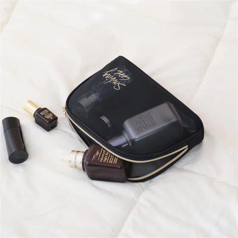 Black Mesh Cosmetic Bag, Transparent Travel Zipper Pouch, Women Beauty Case, Smiling Girl Cosmetic Bag, Travel Storage Bag, Toiletry Bags Makeup Pouch, Fashion Makeup Small Pouch For Women, Multifunctional Large Capacity Toiletry Hand Bag