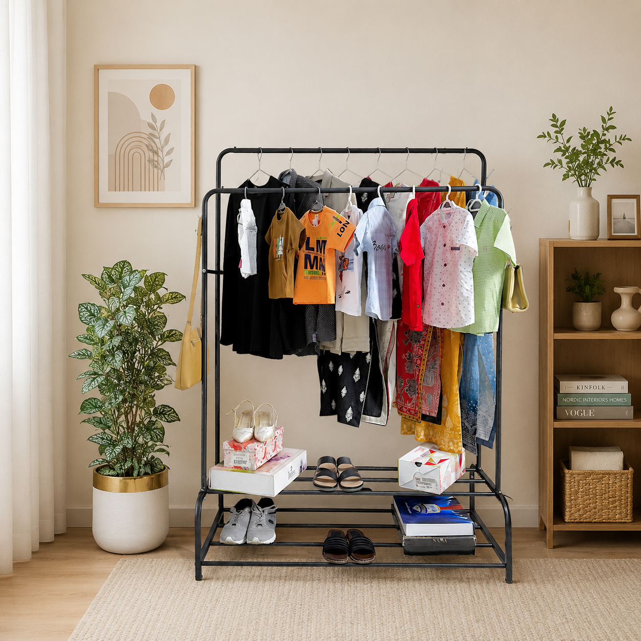 Dual Pole Metal Clothes Stand With Shoe Tiers, Standing Wardrobe Clothes Rack, Floor Stand Drying Rack
