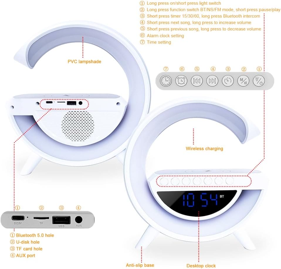 G Lamp Speaker With Digital Clock, RGB Multifunction Wireless Charger Alarm Clock Speaker, Home Decor Smart Lamp, Atmosphere Nightlight Bluetooth Stereo Clock Desktop Speaker, G Type Table Night Light