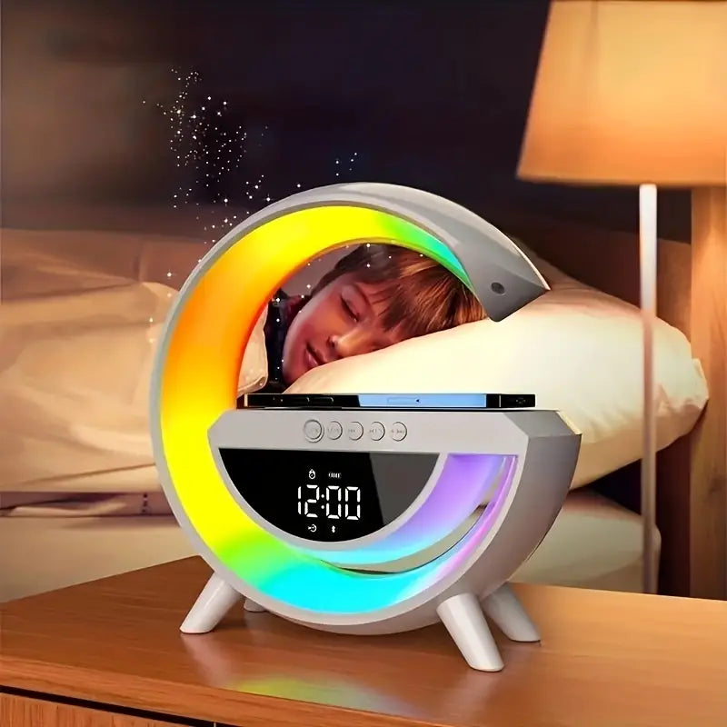 G Lamp Speaker With Digital Clock, RGB Multifunction Wireless Charger Alarm Clock Speaker, Home Decor Smart Lamp, Atmosphere Nightlight Bluetooth Stereo Clock Desktop Speaker, G Type Table Night Light
