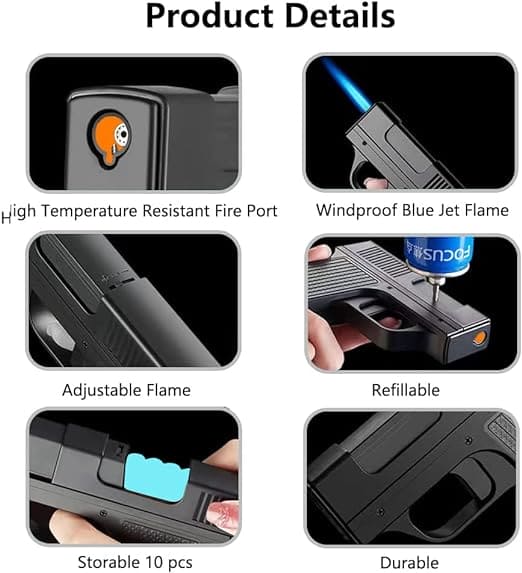 AMT Pistol Lighter, 10Pcs Regular Cigarette Case with Lighter, Metal Turbo Gun Lighter, Windproof Cigar Lighter, Inflatable Lighter With Cigarette Case, Cigarette Storage Jet Flame Lighter