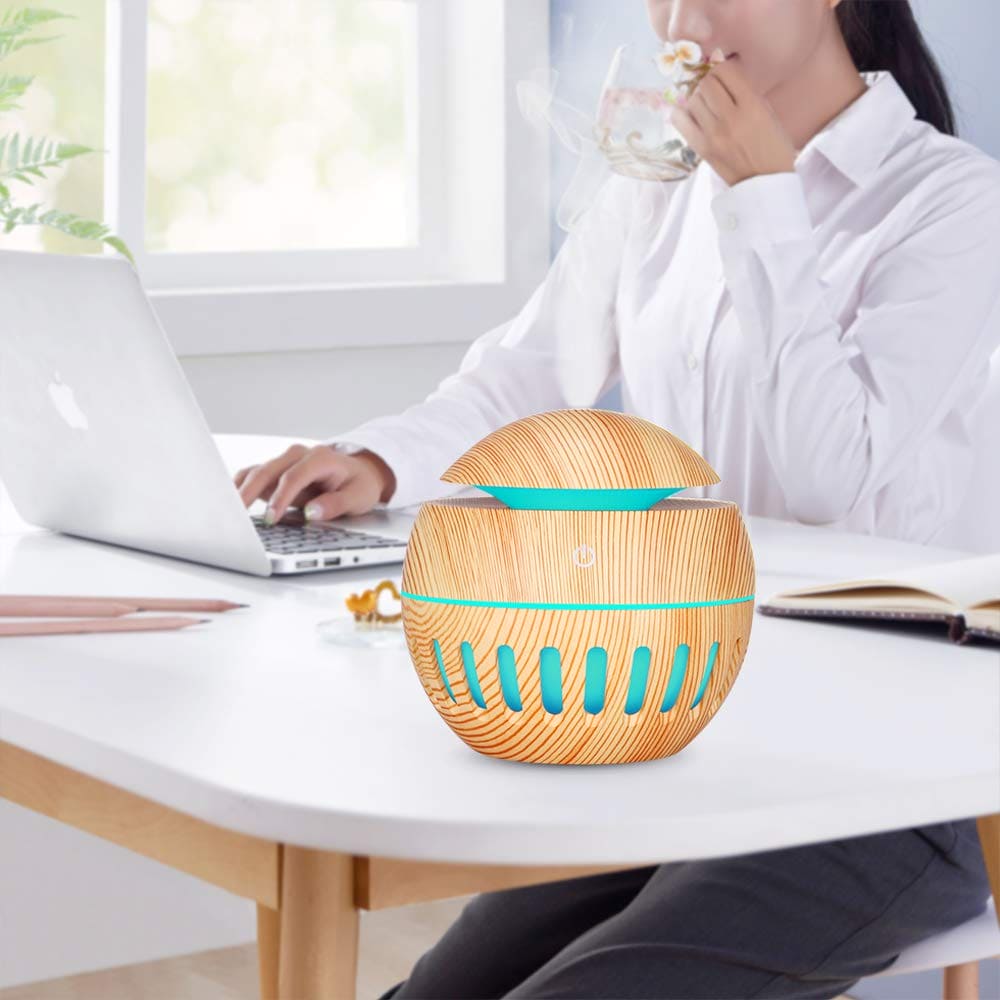 Round Wooden Humidifier, Color Changing Aroma Diffuser, Household Aromatherapy for Home Office, Aroma Oil Diffuser Cool Mist Maker