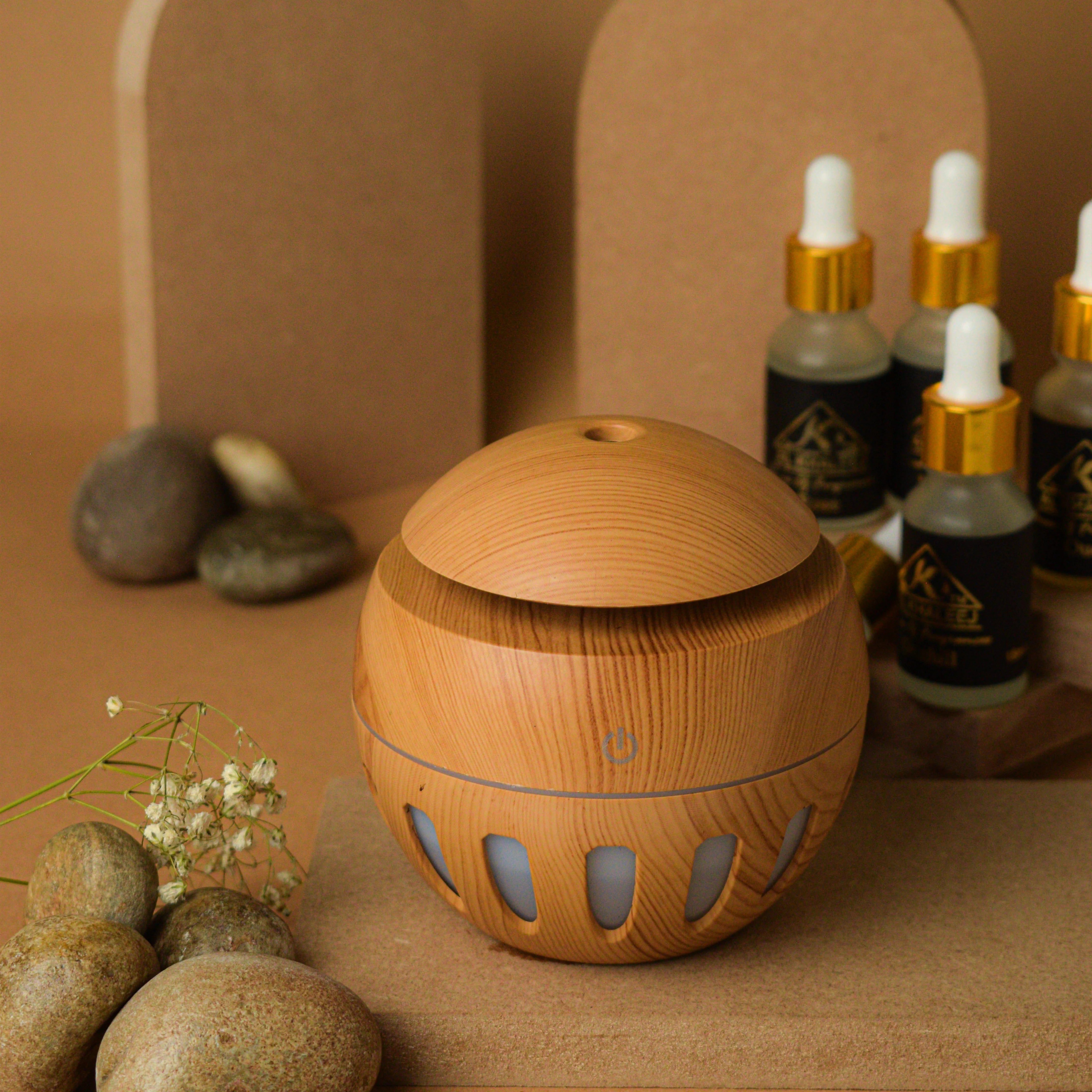 Round Wooden Humidifier, Color Changing Aroma Diffuser, Household Aromatherapy for Home Office, Aroma Oil Diffuser Cool Mist Maker