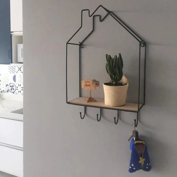 Hut Style Wall Shelf With Hook, Iron Wood Wall Shelf, Unique Home Decor Wall Hanging Rack, Flower Pot Decoration Display Rack Bathroom Accessories, Living Room Decor Metal Stand Wall Shelf